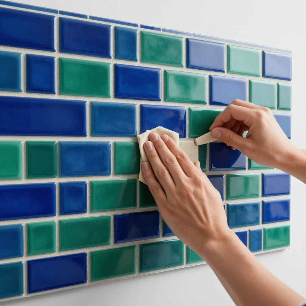 Close-up of hands applying grout to a vibrant royal blue and emerald green tile backsplash against a bright background.
