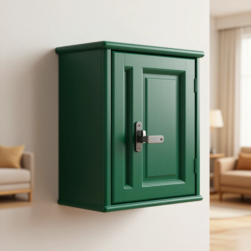 A beautifully designed wall-mounted cabinet with a secure mounting mechanism, set in a soft-focus cozy room.