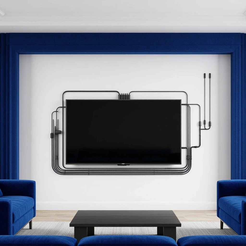 A modern living room featuring a wall-mounted TV with a stylish cable management system, against a bright background.