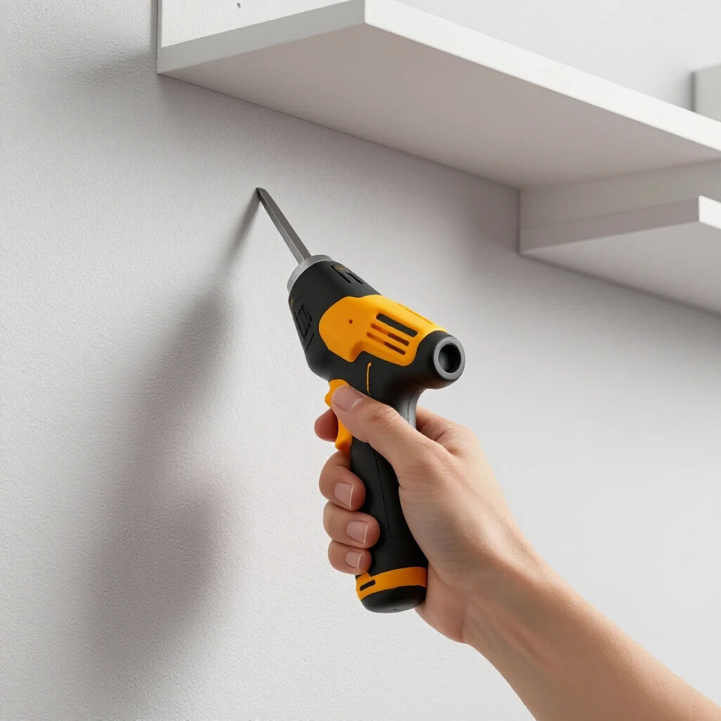 A close-up of a hand using a stud finder on a textured wall with a floating shelf partially installed in the background.