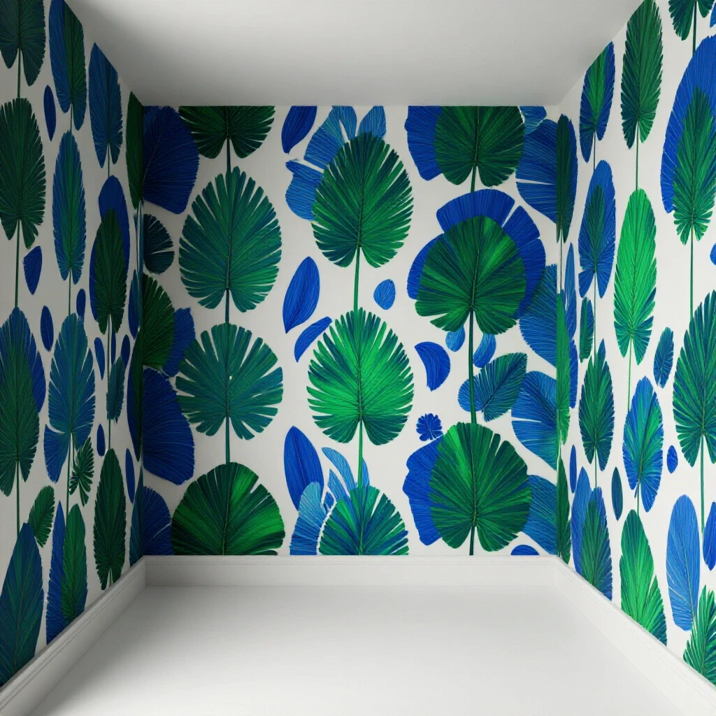 A cozy small room with vibrant wallpaper showcasing contrast in a bright studio setting, highlighting design transformation.