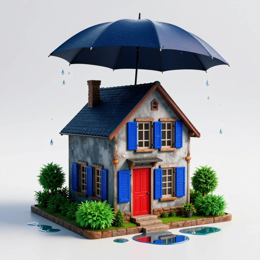 A charming old house under a protective umbrella, surrounded by raindrops and puddles, symbolizing maintenance tips.
