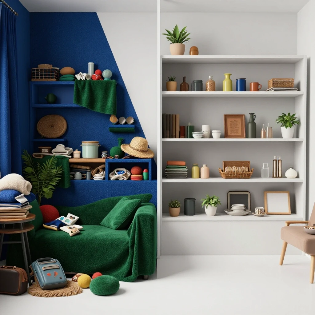 A split room design showcasing one cluttered side and one organized side, illustrating the transformation of space.