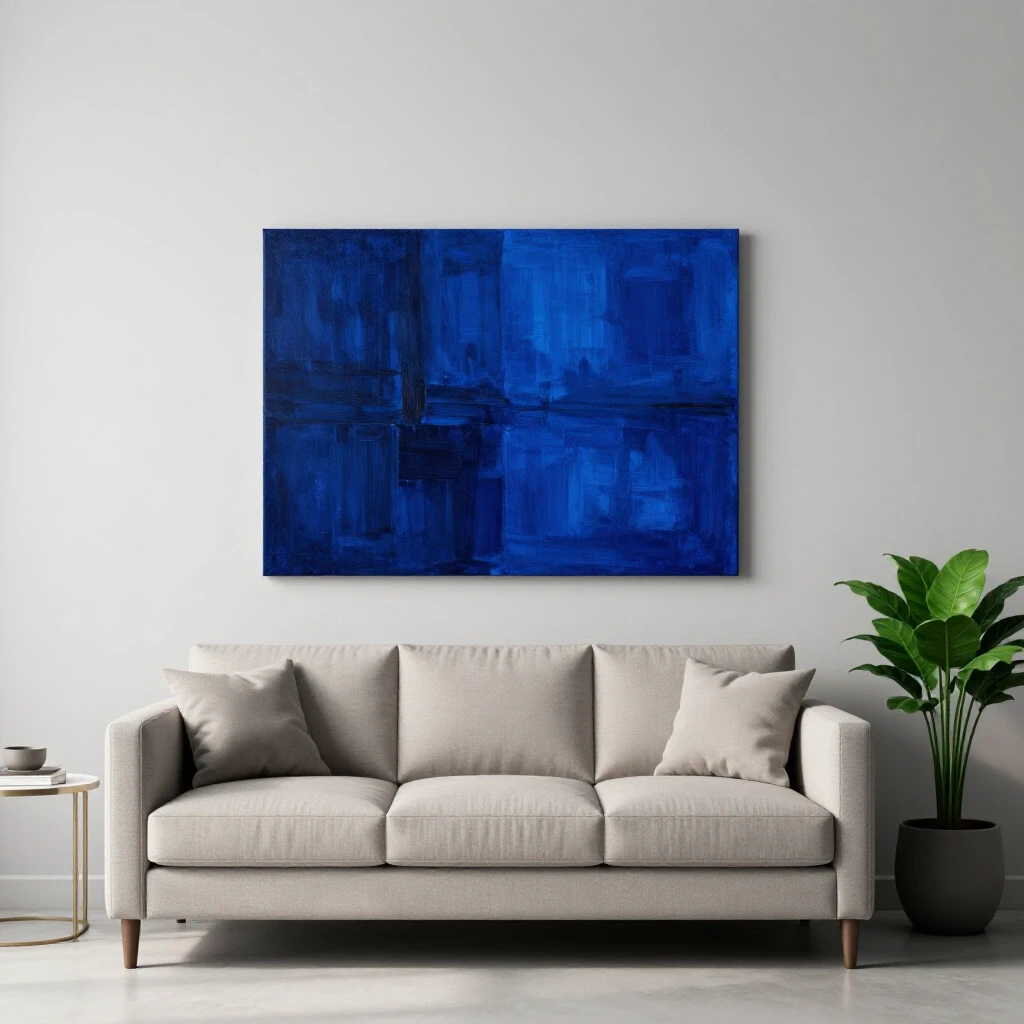 A neutral living room with a light grey sofa, bold blue wall art, and an emerald green plant for vibrant decor contrast.
