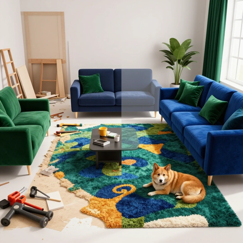 A stylish living room undergoing renovation, with chaos on one side and a serene pet-friendly area on the other.