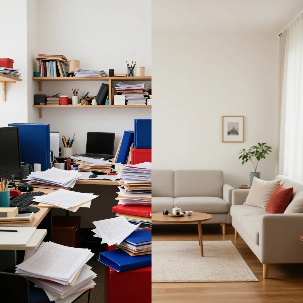 A split-screen image illustrating a chaotic workspace on one side and an organized living space on the other, highlighting decluttering concepts.