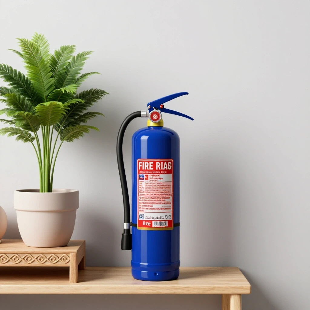 A stylish home interior showcasing a fire extinguisher next to a potted plant on a decorative shelf, emphasizing safety in a cozy atmosphere.