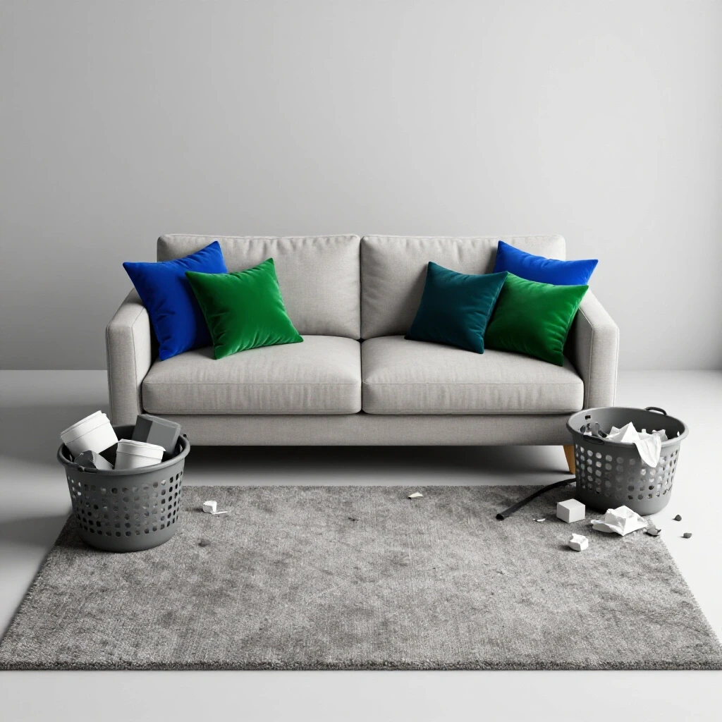 A cozy living room with a tidy couch in rich colors juxtaposed against a messy corner with a laundry basket.