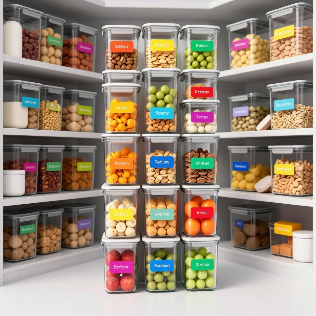 A beautifully organized pantry with clear glass containers and colorful labels, contrasting a messy pantry behind.