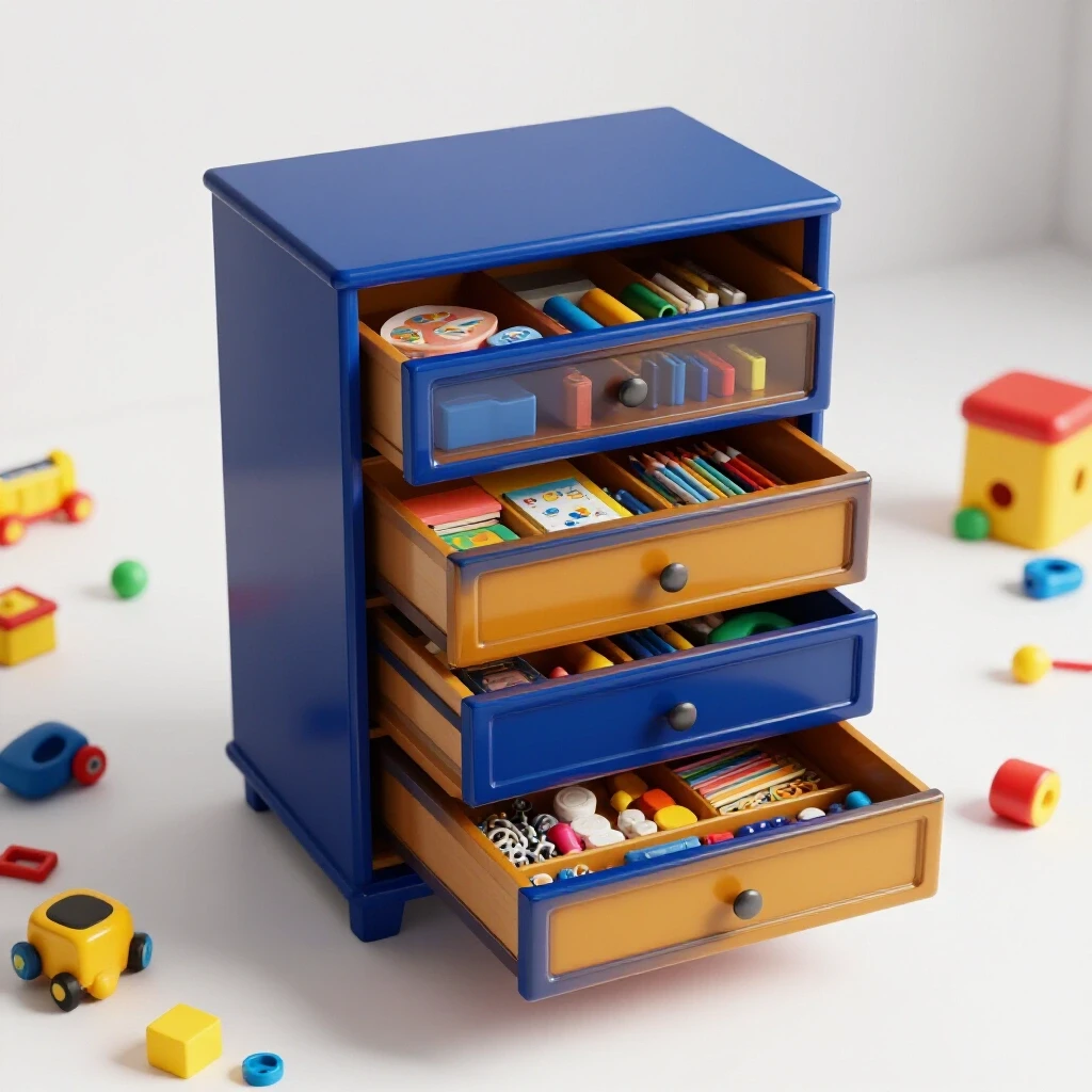 A colorful drawer unit filled with neatly organized toys and art supplies, contrasting with scattered clutter in the background.