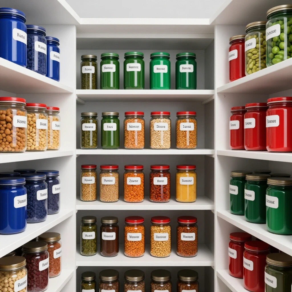 A beautifully organized pantry with colorfully labeled jars and containers on shelves, showcasing elegant organization.