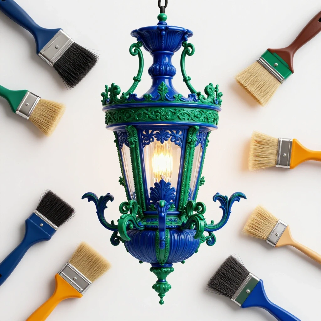 A restored ornate light fixture surrounded by bright restoration tools, symbolizing vintage hardware maintenance.