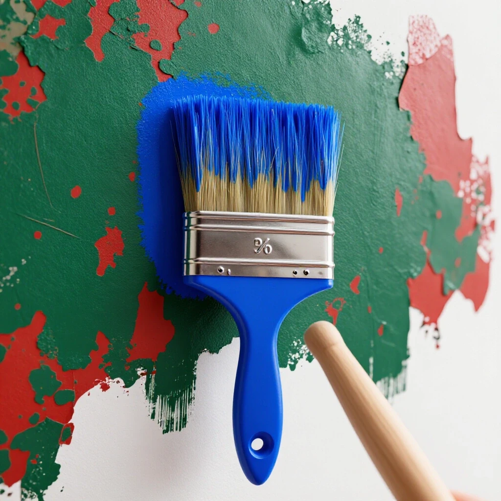 Close-up of a paintbrush applying vibrant royal blue paint on a chipped wall with contrasting old paint textures.