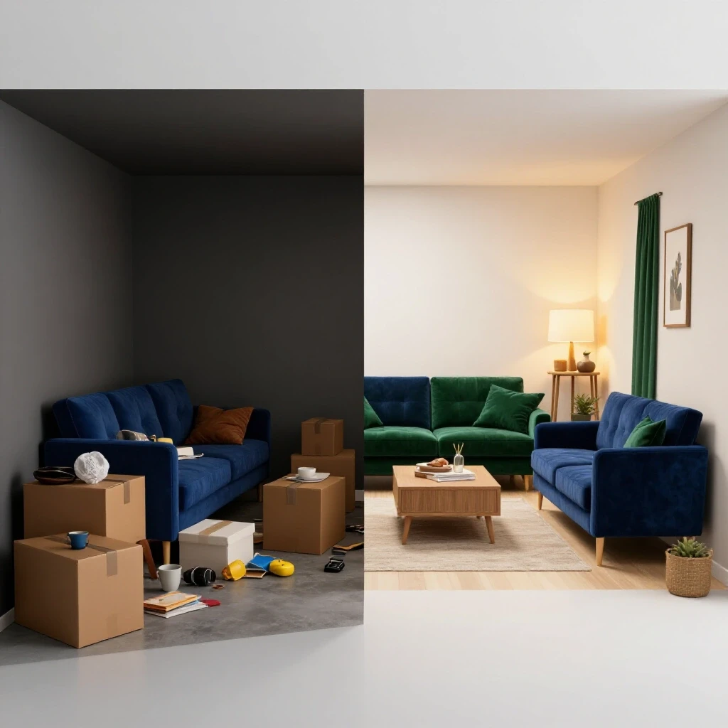 A transformed basement showcasing a cozy, stylish space contrasted with a dark, cluttered corner, highlighting the before-and-after differences.