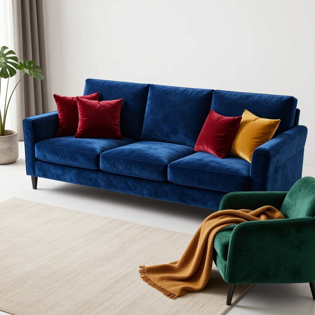 Elegant formal living room with deep royal blue and emerald green furniture complemented by plush pillows and a warm blanket.