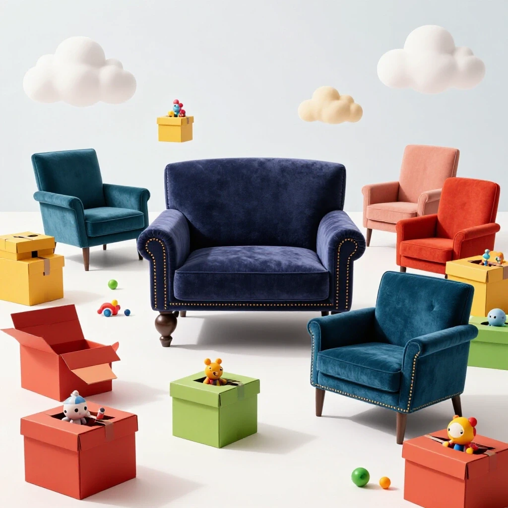 A playful and colorful scene depicting cheerful furniture and moving boxes to represent moving day fun for kids.