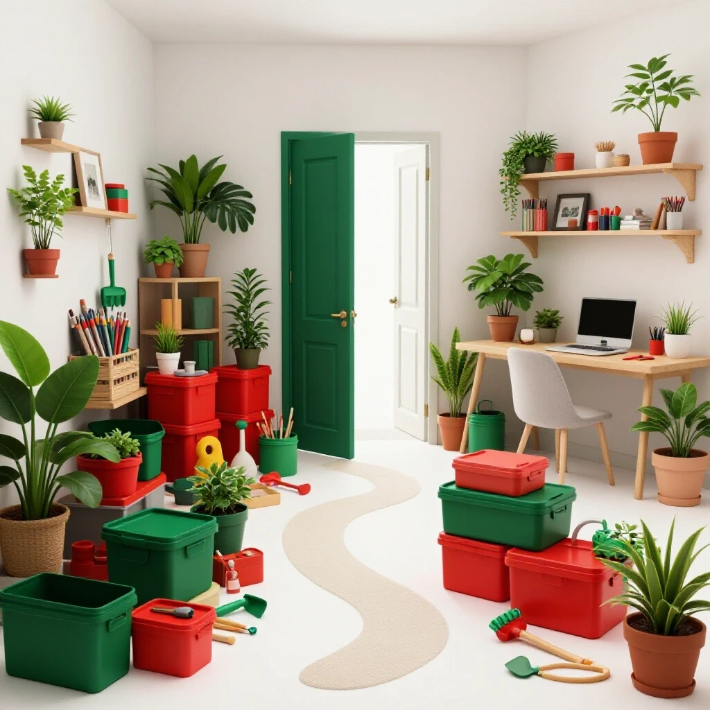 A vibrant arrangement contrasting a chaotic home environment with a serene organized hobby space, colorful supplies in focus.