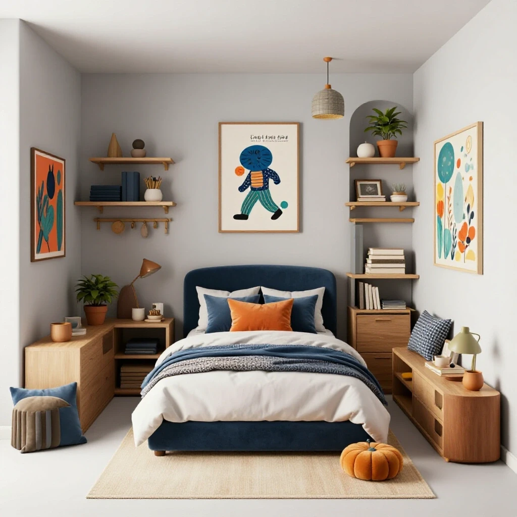 Cozy odd-sized bedroom showcasing unique furniture arrangement and clever storage solutions with vibrant decor elements.