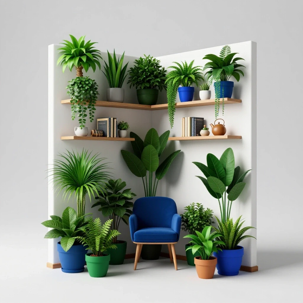 Cozy dead corner transformed into a stylish nook with vibrant plants and decorative shelving.