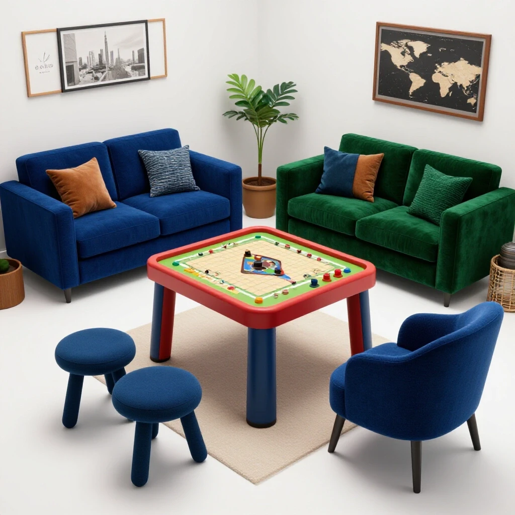 A lively basement transformed into a family-friendly space with colorful decor and cozy furniture.