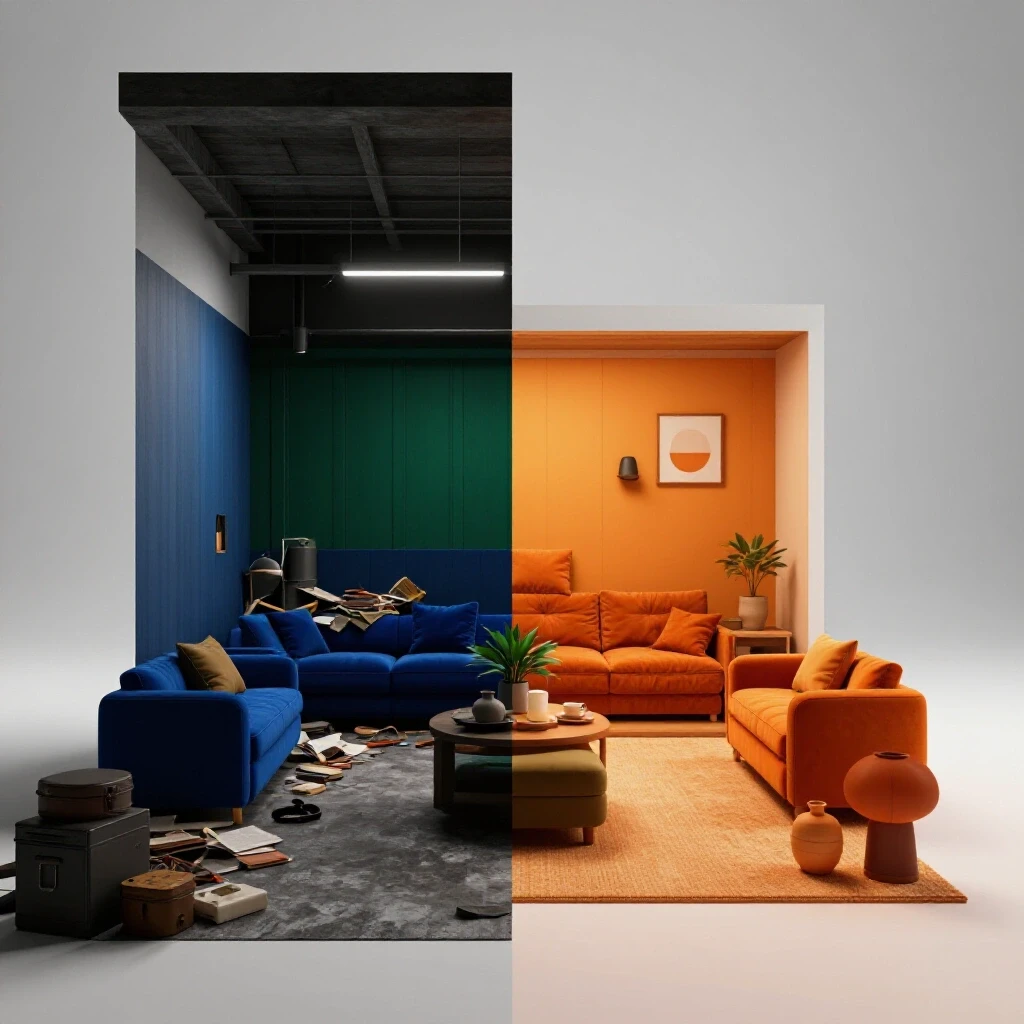 A split basement scene showcasing a dark cluttered area contrasted with a bright, inviting space featuring cozy furniture and lively decor.