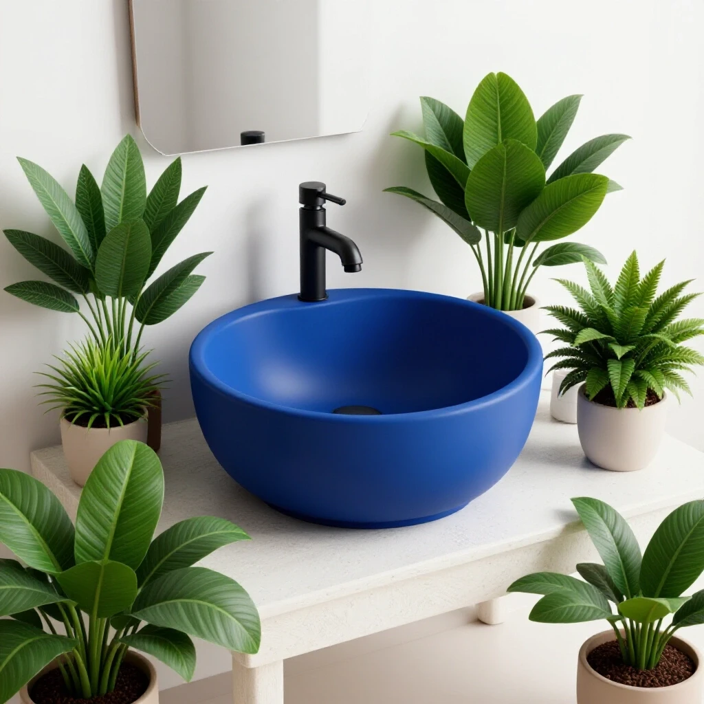 Stylish bathroom vignette featuring a temporary sink alternative with decorative elements like plants and candles.