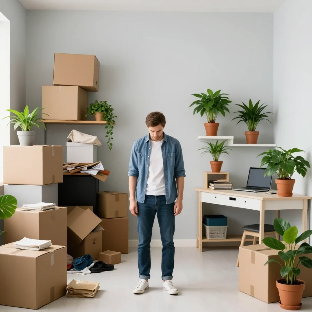 A visually compelling split image showing a chaotic room on one side and an organized room on the other, illustrating harmony after moving.