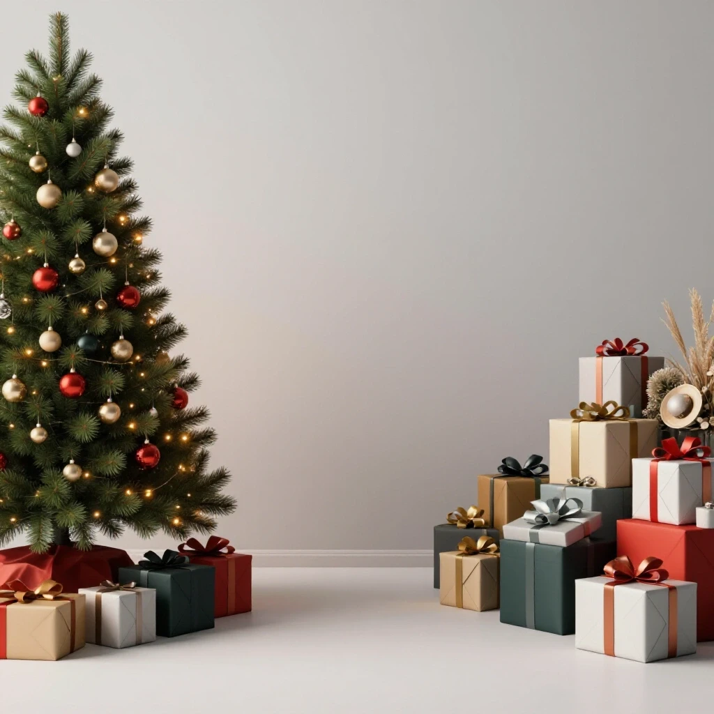 Cozy living room with a beautifully decorated holiday tree contrasting a chaotic corner filled with gifts.