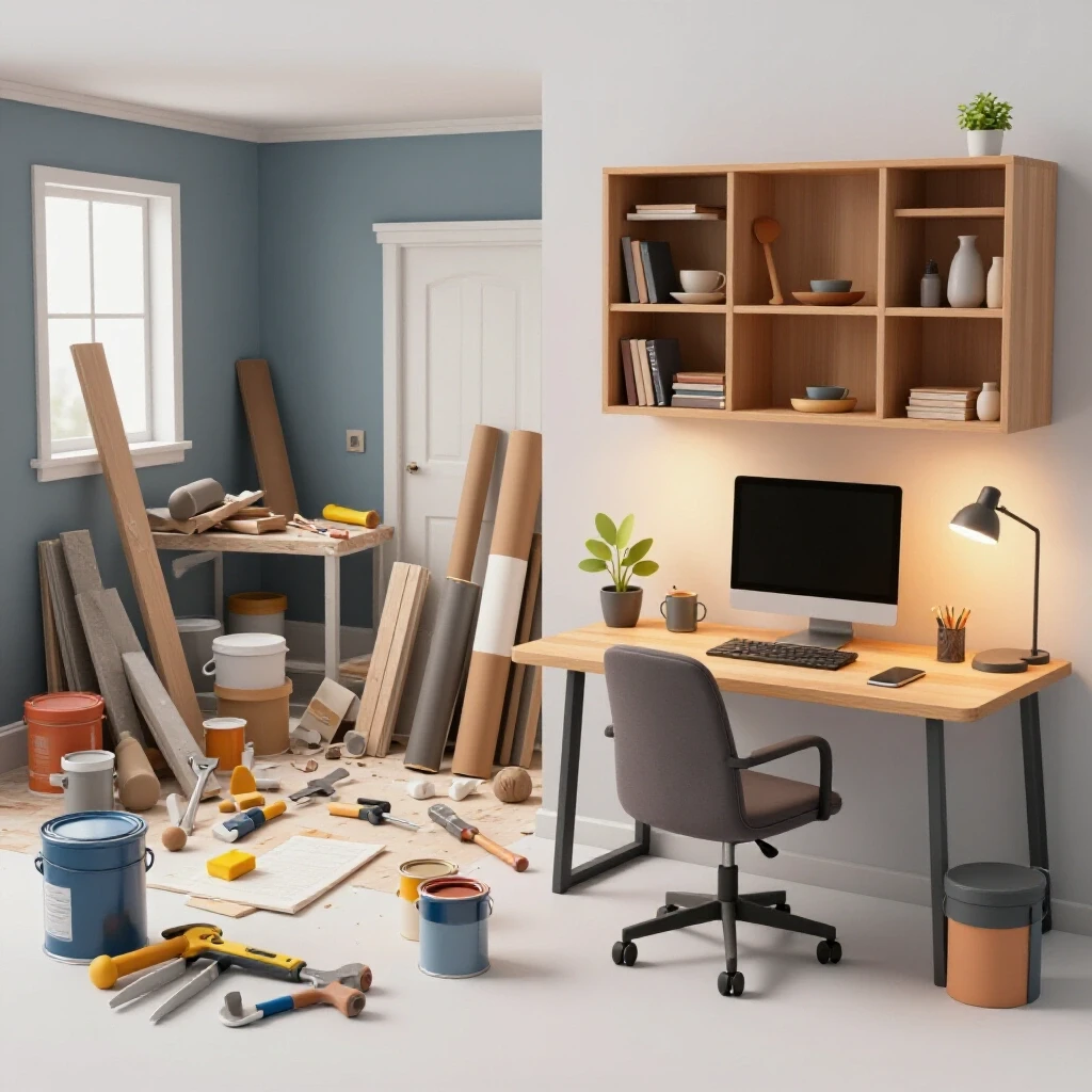 A split-screen image showing a chaotic home renovation scene on one side and an organized remote workspace on the other, highlighting home renovation management.