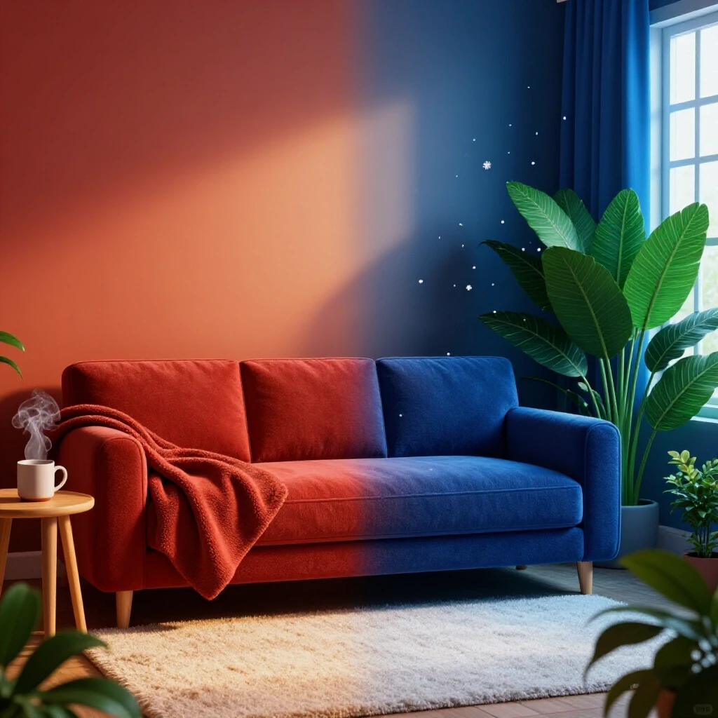 A cozy room illustrating warm and cool temperature zones with plush textures and vivid colors.