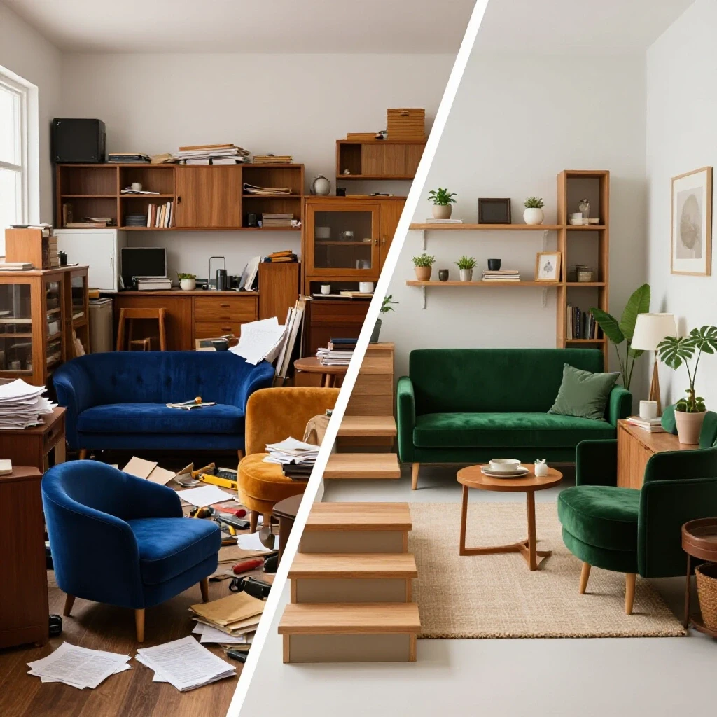 A split image depicting a chaotic home scene on the left and a serene organized space on the right, symbolizing home management transformation.