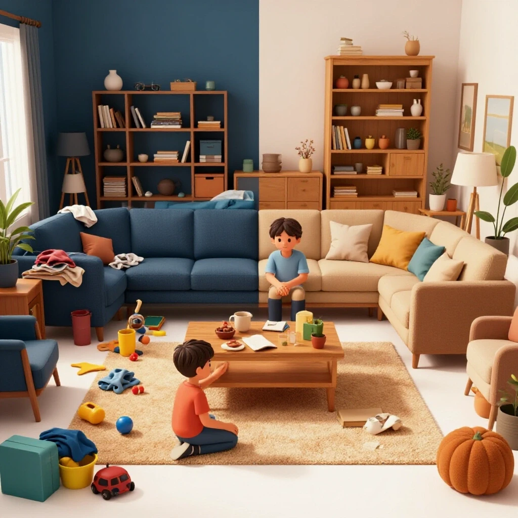 A vibrant family living room split into two halves; one cluttered with toys and laundry, the other serene and organized with cozy decor.