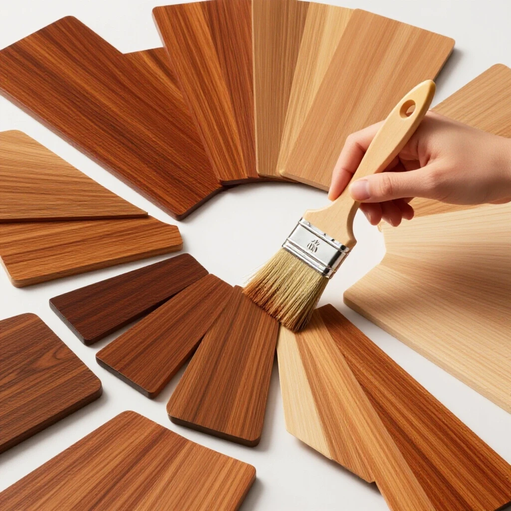 Vibrant arrangement of rich wood stain colors with a brush above, set against a bright studio background, illustrating DIY potential.