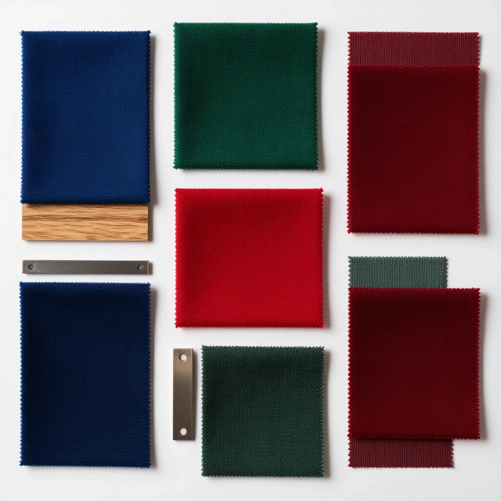 Flat lay of textured material swatches arranged in a color gradient against a clean, bright background.