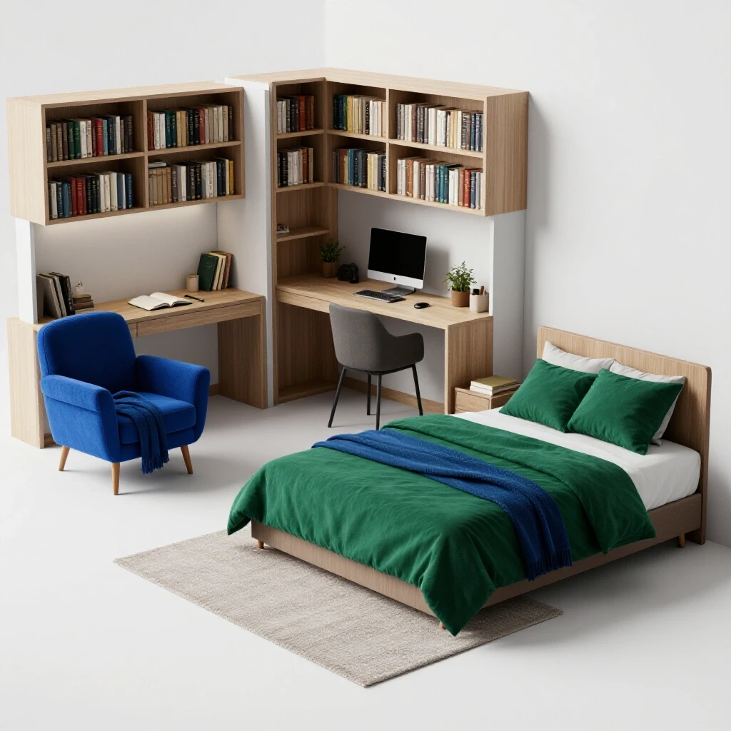 A visually compelling 3D-rendered spare bedroom showcasing a reading nook, home office, and guest bed, designed for multiple uses.