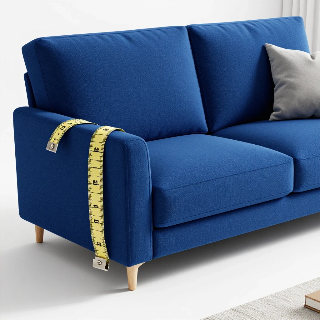 A modern deep royal blue sofa with a measuring tape draped over its armrest, set in a bright living room with pillows.