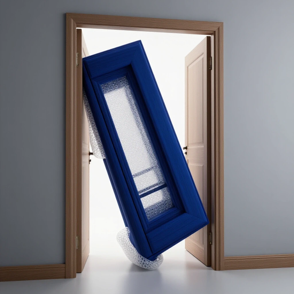 A person successfully navigating a large royal blue furniture piece through a narrow doorway, showcasing moving techniques.