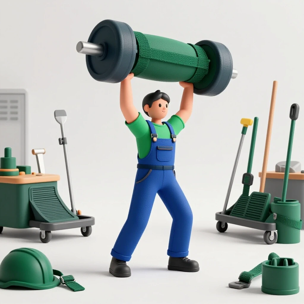 A strong person using ergonomic lifting techniques surrounded by tools in a bright workspace.