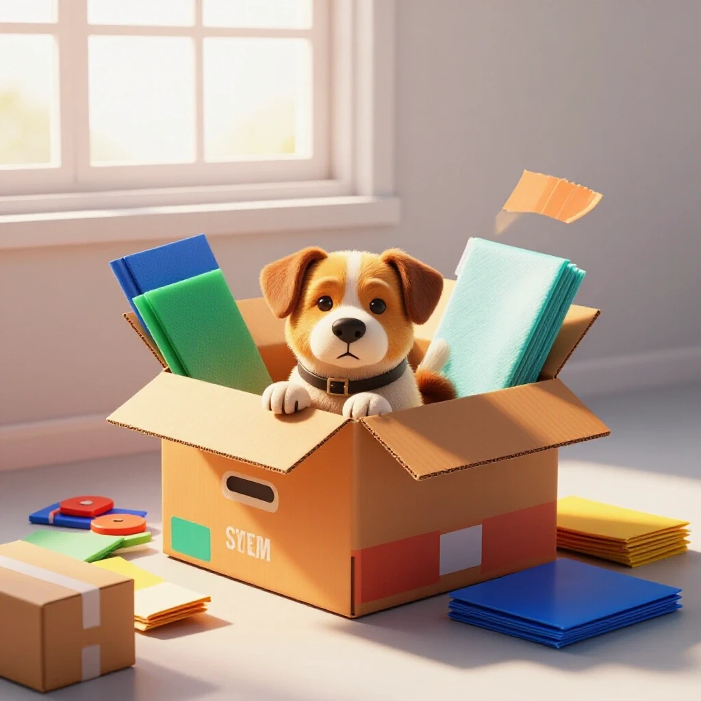 A relaxed dog comfortably sitting in a moving box with colorful packing materials around it, illuminated by warm sunlight.