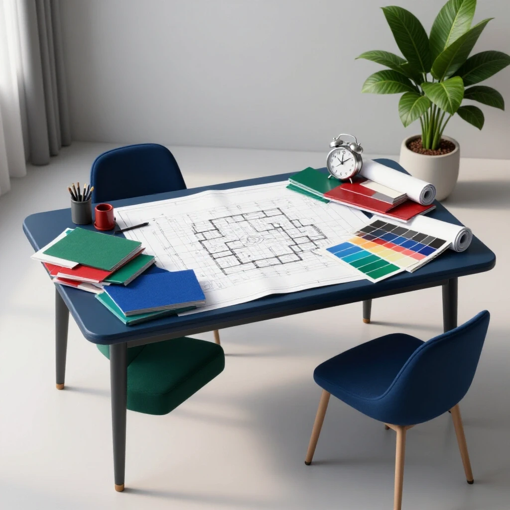A stylish home workspace featuring a negotiation table with blueprints and colorful swatches, highlighting a balanced decision-making theme.
