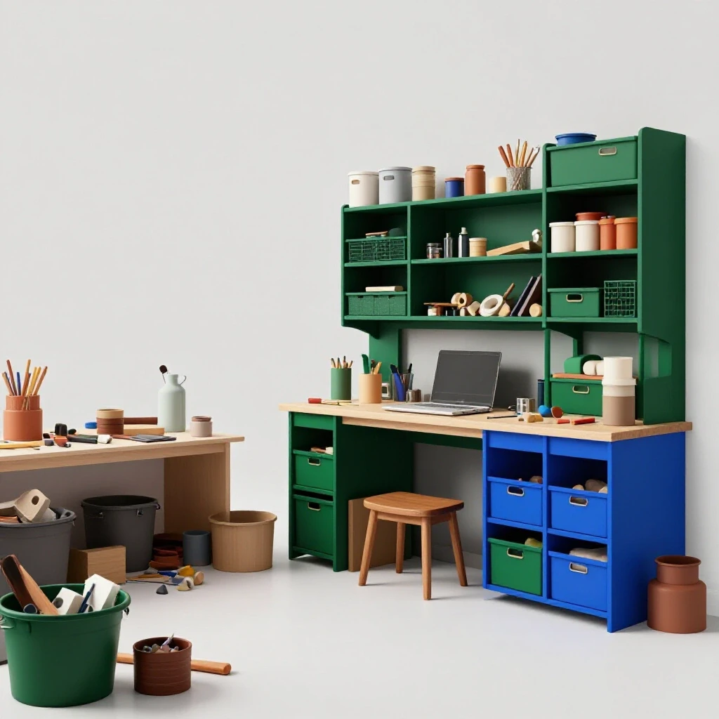 A striking image contrasting a vibrant, organized craft room with a chaotic, cluttered workspace, highlighting storage solutions.