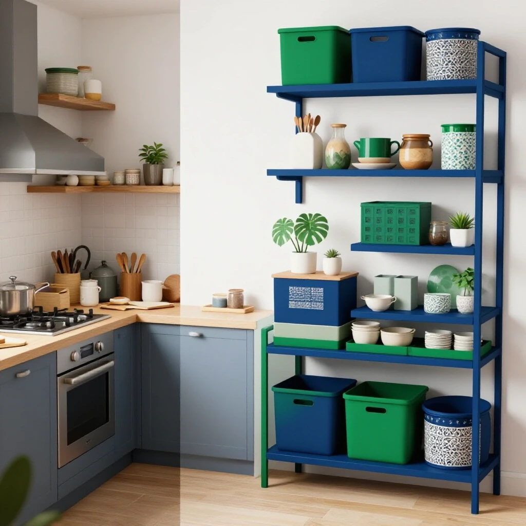 A split kitchen scene showing a cluttered area on one side and an organized space on the other, highlighting storage solutions.