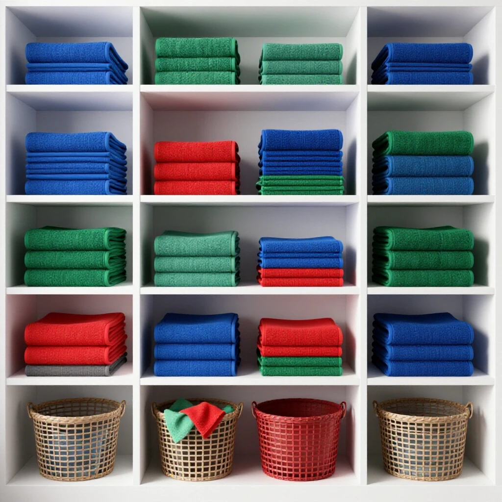 An organized linen closet showcasing colorful linens and towels neatly arranged on shelves with a hint of clutter.