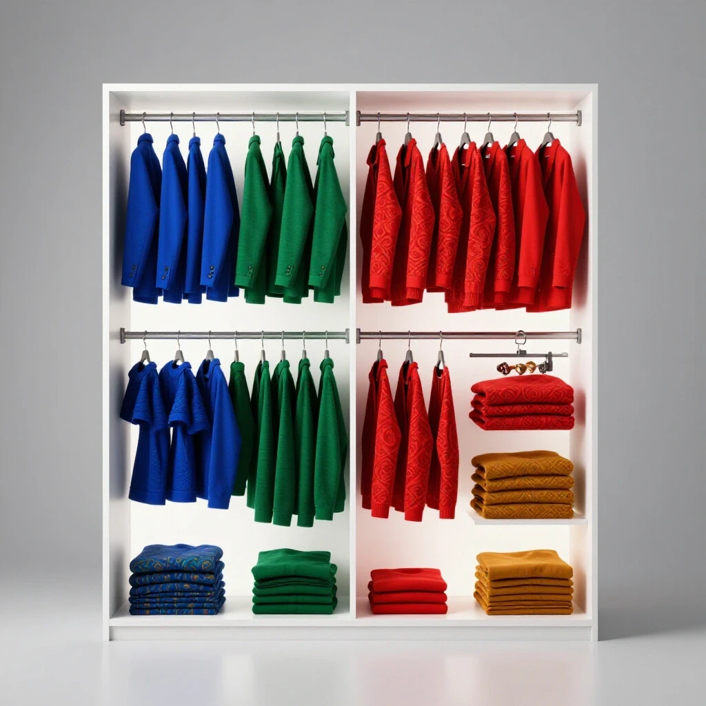 A shared closet organized with minimalist decor on one side and vibrant patterns on the other, showcasing a harmonious style contrast.