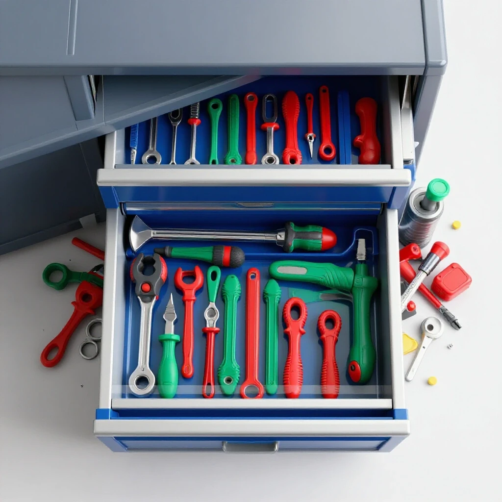 Open tool drawer showing organized tools in vibrant colors contrasted with clutter spilling out, emphasizing organization techniques.