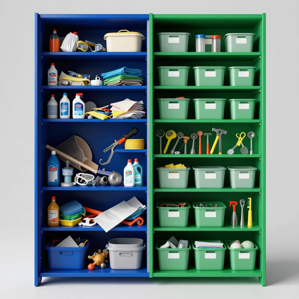 A split-view of a utility closet, one side messy and cluttered, the other side organized with labeled bins.