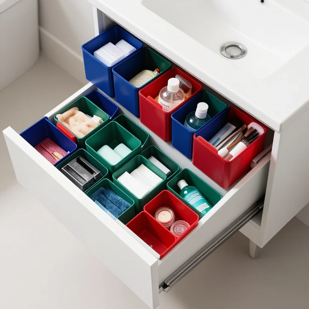 Open bathroom drawer organized with vibrant storage containers for toiletries and cosmetics, set in bright surroundings.