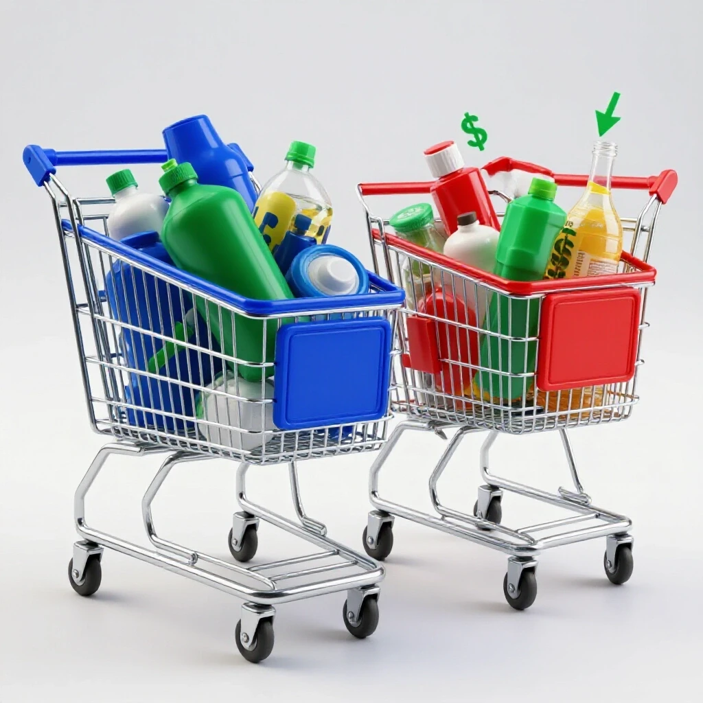 A contrast of a chaotic shopping cart overflowing with items on one side, and a neatly organized cart filled with essentials on the other, set against a bright white background.