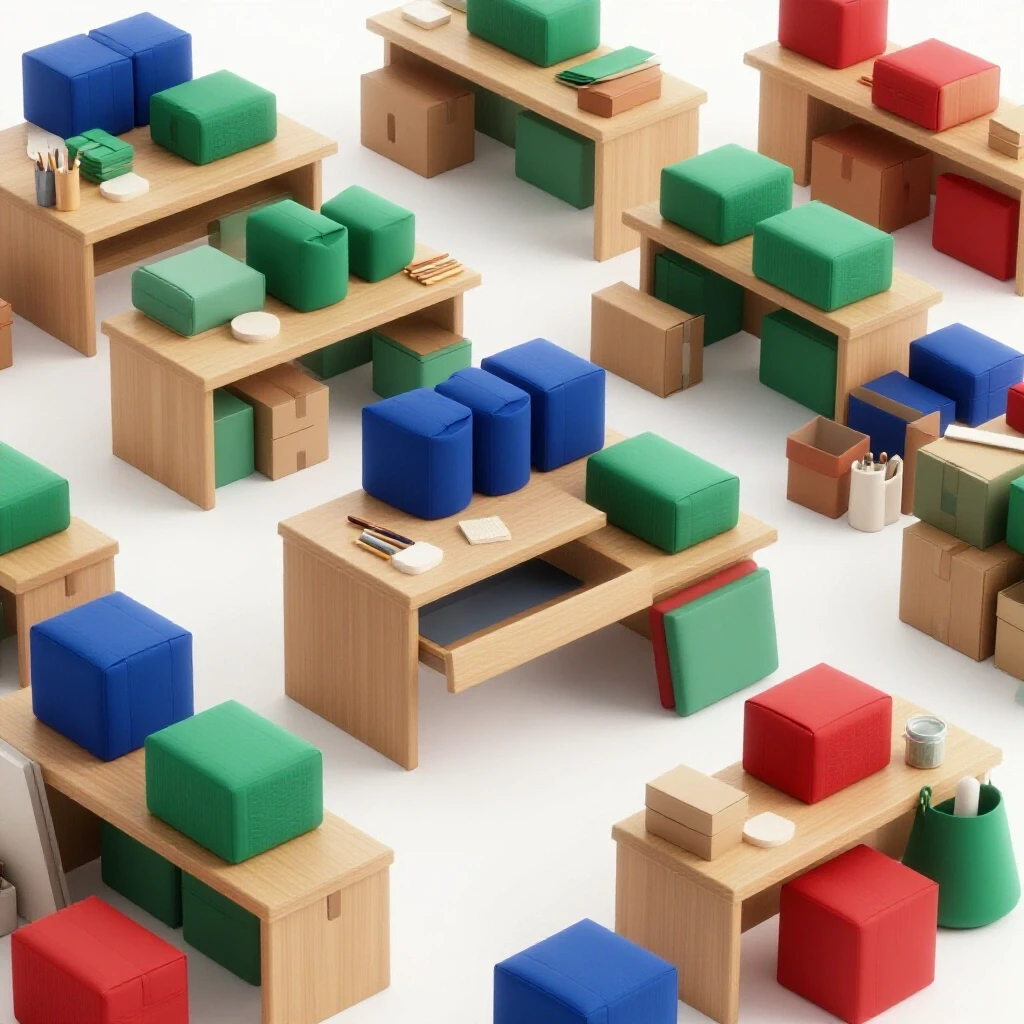 A cozy home workspace with vibrant, colorful inventory items and neatly stacked boxes showing organization and creativity.
