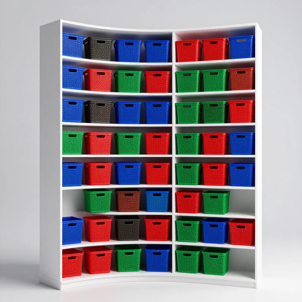 An organized closet displaying vibrant shelf baskets in royal blue, emerald green, and crimson red against a soft light grey background.